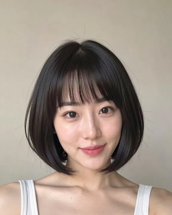 Woman with a French bob: jaw-length bob with a full fringe (AI preview)