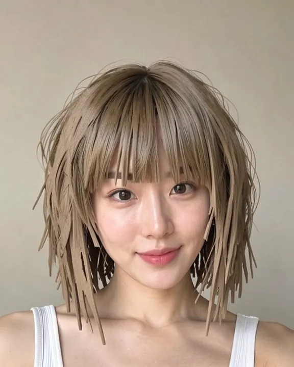 Woman with a choppy shattered bob with wispy fringe in ash blonde (AI preview)