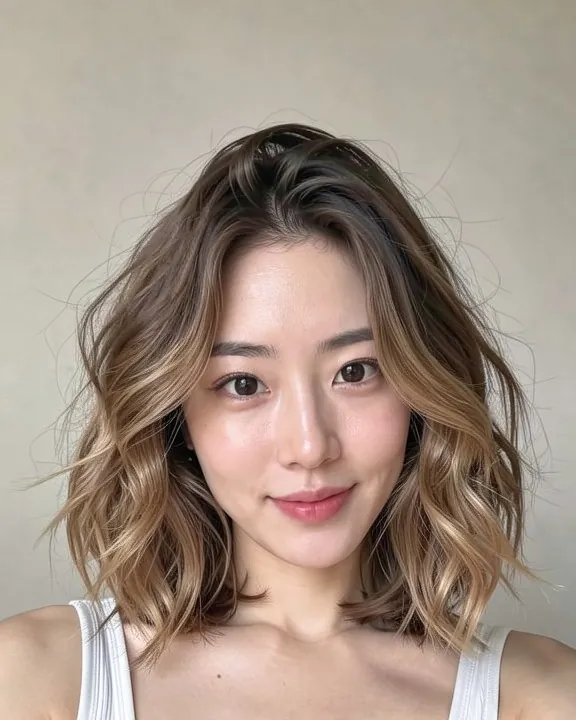 Woman with a wavy layered bob with highlights (AI preview)
