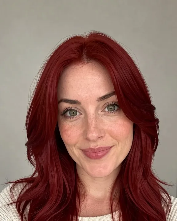 Femme aux longs cheveux dégradés d'un auburn profond (aperçu IA)