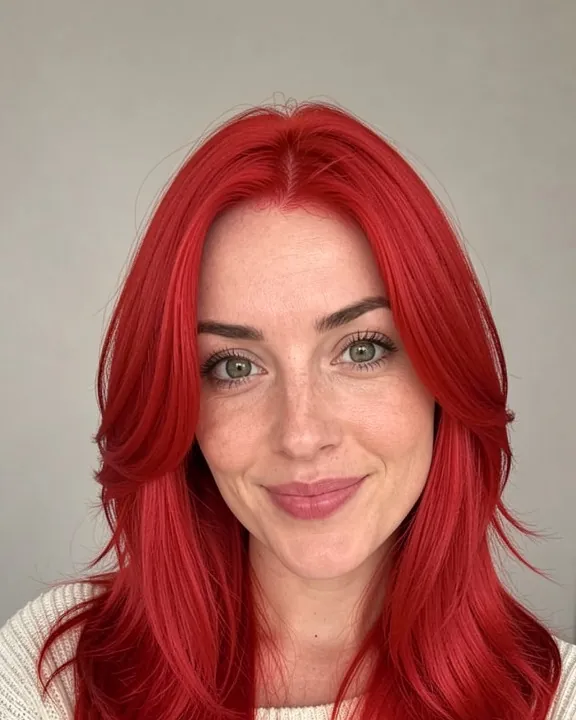 Femme aux longs cheveux dégradés d'un rouge cerise vif (aperçu IA)