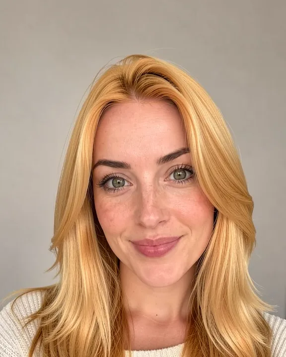 Femme aux longs cheveux dégradés d'un blond miel chaud (aperçu IA)