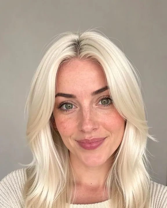 Femme aux longs cheveux dégradés blond platine (aperçu IA)