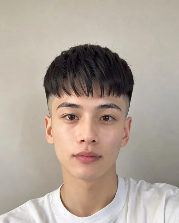Jeune homme avec un French crop : dessus court texturé et frange droite (aperçu IA)