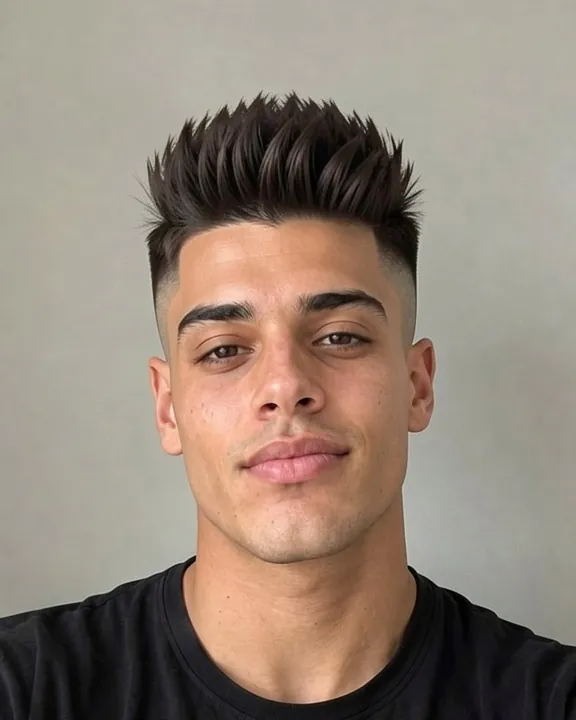 Homme avec un burst fade et un dessus texturé coiffé vers l'avant (aperçu IA)