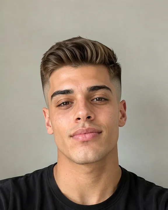 Homme avec un low taper fade : pattes dégradées, cheveux texturés plus longs sur le dessus et les côtés (aperçu IA)