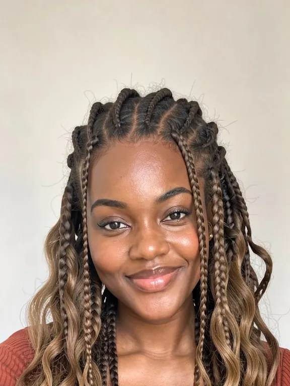 Femme avec des boho braids : tresses mêlées de boucles libres châtain miel (aperçu IA)