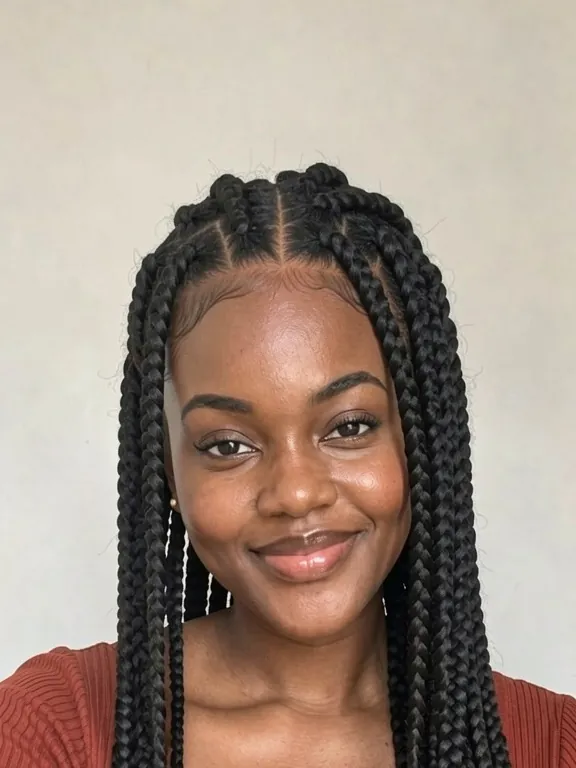 Femme avec de longues box braids noires et une raie au milieu (aperçu IA)