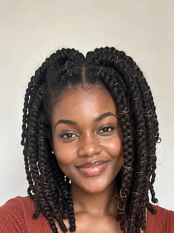 Femme avec des butterfly locs aux épaules, fausses locks texturées avec de petites boucles (aperçu IA)