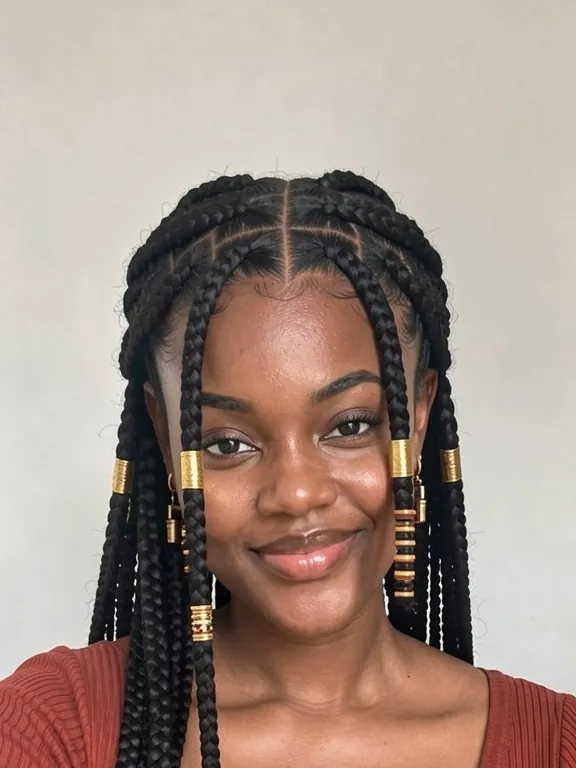 Femme avec des tresses Fulani : nattes collées sur le devant, longues tresses et bijoux de cheveux dorés (aperçu IA)
