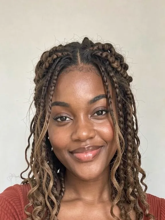 Femme avec des passion twists aux reflets bruns, texture bouclée et bohème (aperçu IA)