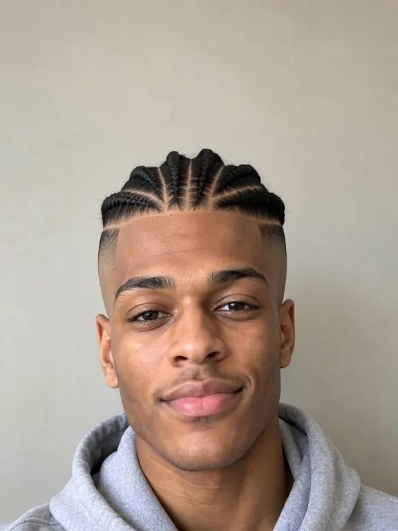 Jeune homme avec des nattes collées en stitch braids et des côtés dégradés (aperçu IA)