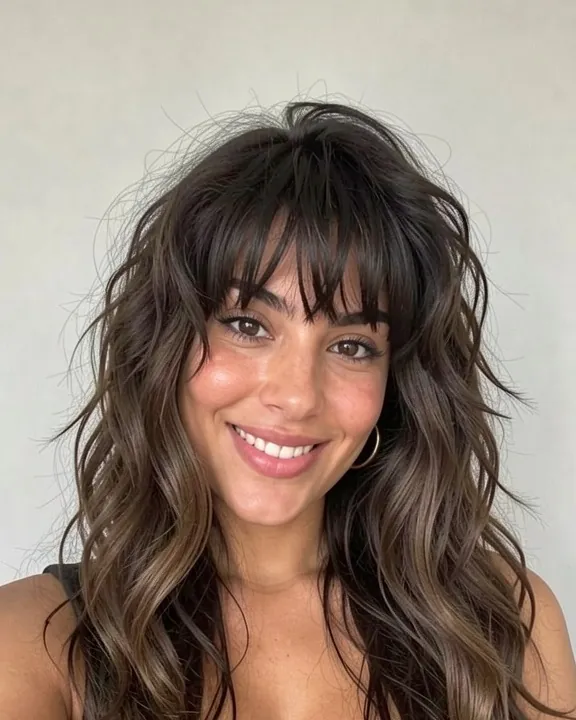 Femme aux cheveux ondulés avec une frange Birkin pleine et légèrement décoiffée au ras des sourcils (aperçu IA)