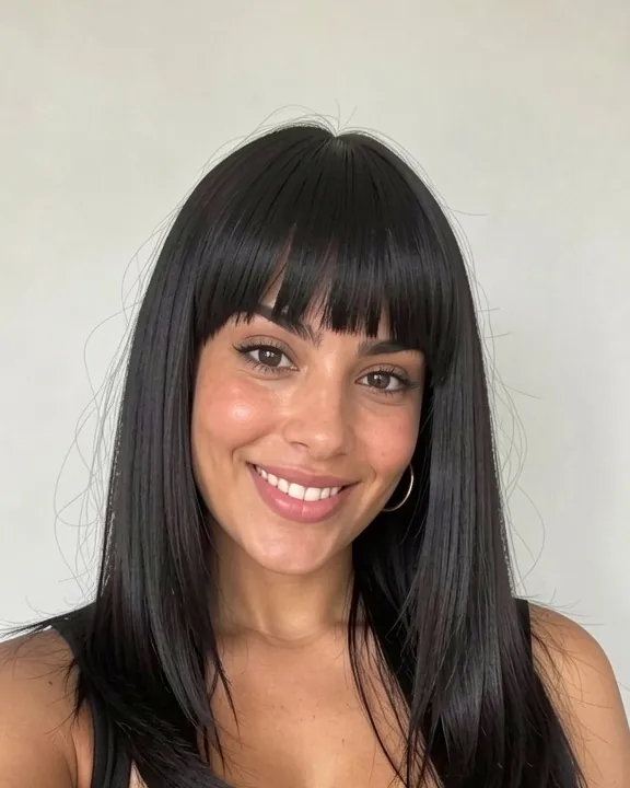 Femme aux cheveux noirs lisses avec une frange droite épaisse coupée net au niveau des sourcils (aperçu IA)