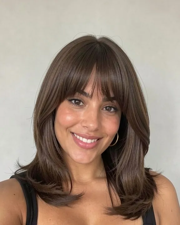 Femme aux longs cheveux bruns dégradés avec une frange rideau séparée au milieu (aperçu IA)