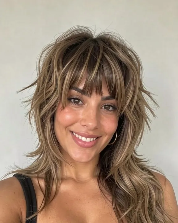 Femme avec une coupe shag dégradée qui se fond dans une frange rideau (aperçu IA)