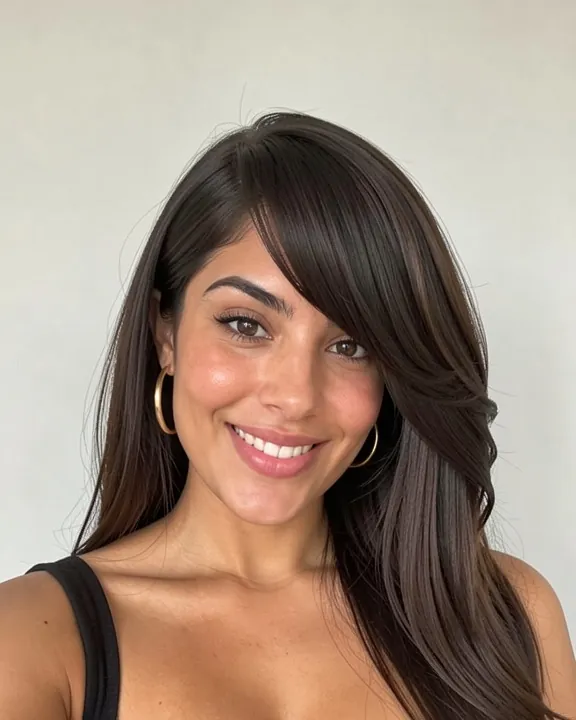 Femme aux longs cheveux foncés avec une longue frange sur le côté (aperçu IA)