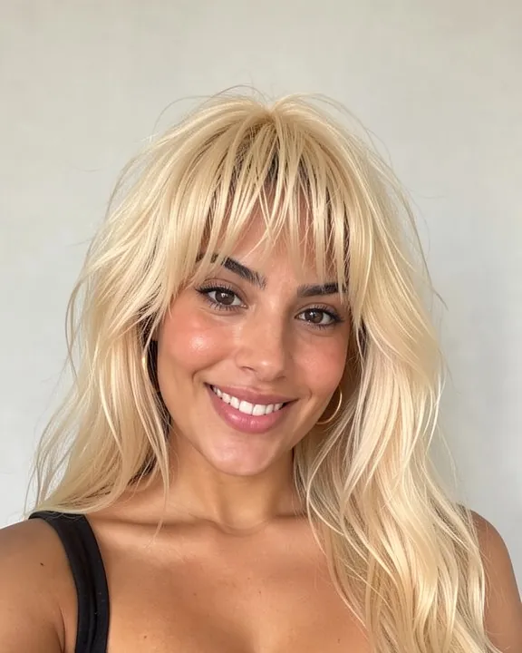 Femme aux cheveux blond platine avec une frange fine, effilée et transparente (aperçu IA)