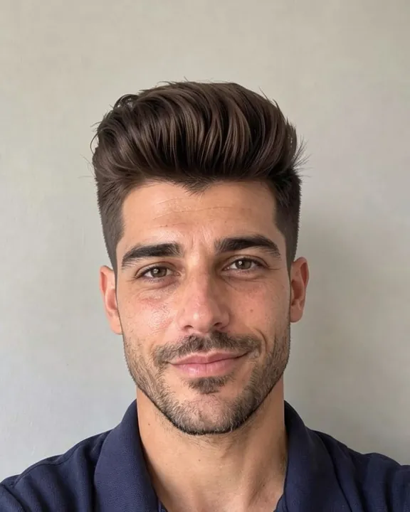 Homme avec une pompadour : volume haut coiffé en arrière et côtés courts (aperçu IA)